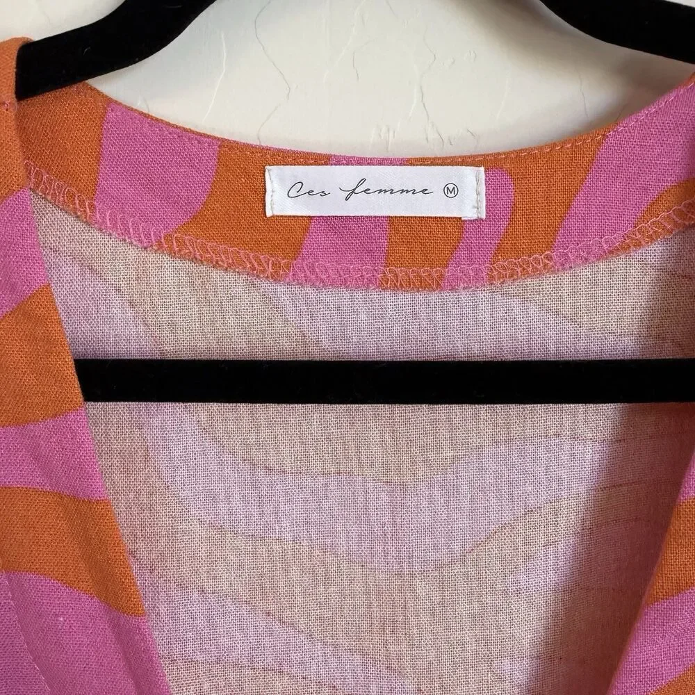 Hot Pink & Orange Zebra Animal Print Linen Blend Romper Artsy Resort Wear Medium